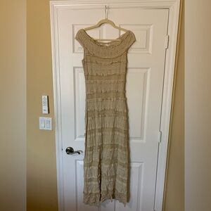 Max Studio Off the Shoulder Tan Tiered‎ Lace Layered Maxi Dress Large Coquette